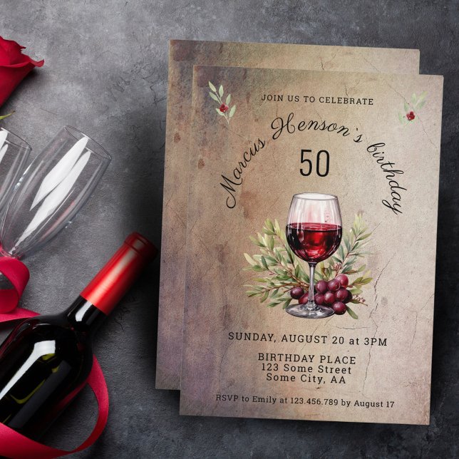 Röd vin Glas Oliv Akvarell 50-årsdag  Inbjudningar (Skapare uppladdad)
