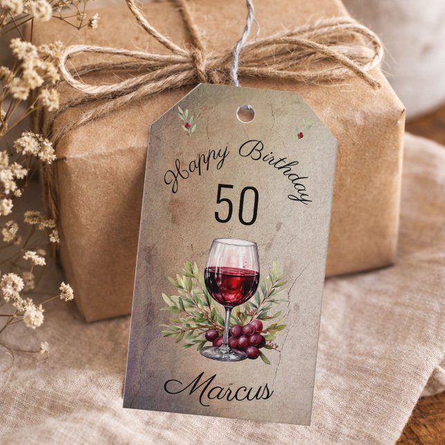 Röd vin Glas Oliv Akvarell 50-årsdag  Presentetikett (Skapare uppladdad)