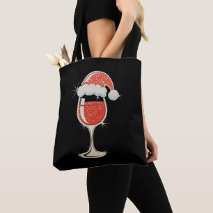 Röd vin glas tomte hatt glitter jul tygkasse