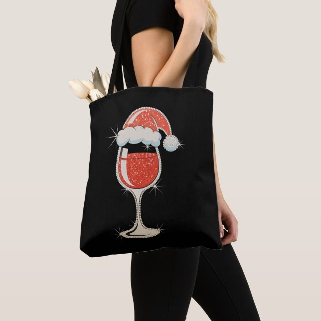 Röd vin glas tomte hatt glitter jul tygkasse (Närbild)