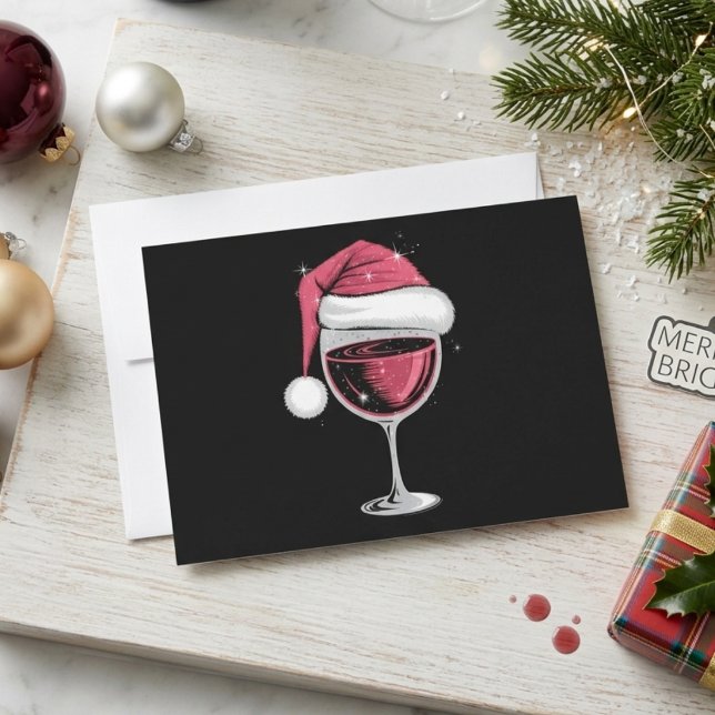 Röd vin Glas Tomte Hatt Jul Högtid Julkort (Skapare uppladdad)