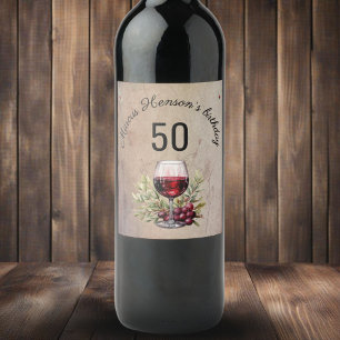 Röd Vin Glass Olive Watercolor 50:e födelsedagen Vinflaska Etikett