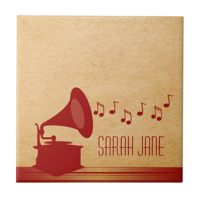 Röd Vintage Gramophone Tile Kakelplatta (Framsidan)