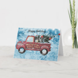 röd vintage lastbil på en blå snöflinga bakgrund helgkort