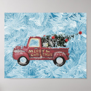 röd vintage lastbil på en blå snöflinga bakgrund poster