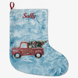 röd vintage lastbil på en blå snöflinga bakgrund stor julstrumpa