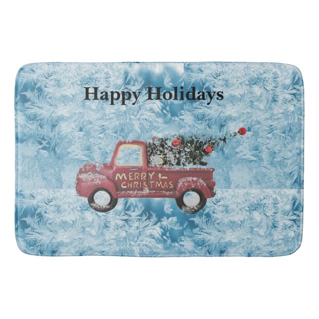 röd vintage lastbil på en blå snöflingbakgrund badrumsmatta (Framsidan)