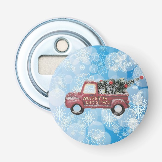 röd vintage lastbil på en blå snöflingbakgrund flasköppnare (Framsidan)