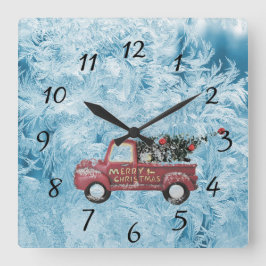 röd vintage lastbil på en blå snöflingbakgrund fyrkantig klocka