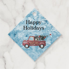 röd vintage lastbil på en blå snöflingbakgrund gåvor etiketter