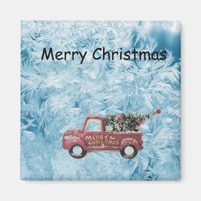 Röd vintage lastbil på en blå snöflingbakgrund magnet (Framsidan)