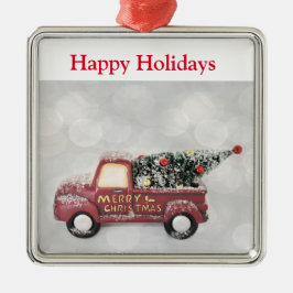 röd vintage lastbil på en grått-bokeh-bakgrund julgransprydnad metall