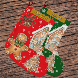 Röd Vintage Pepparkaksgubbe, Träd, jul Stor Julstrumpa