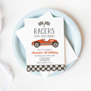 Röd Vintage Racerbils Födelsedagsinbjudan Inbjudningar