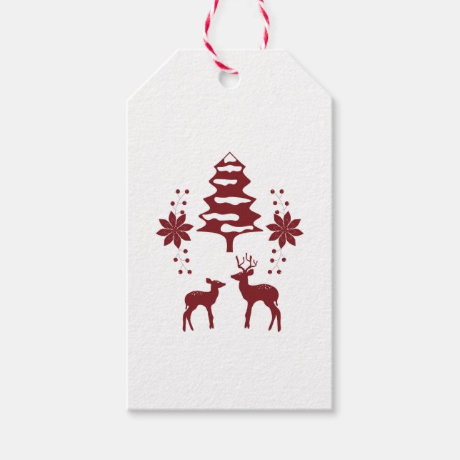 Röd vinter skog & hjort jul presentetikett (Framsidan)