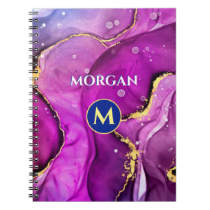 Röd-Violett & Guld Flytande Bläck, Monogram & Namn Anteckningsbok