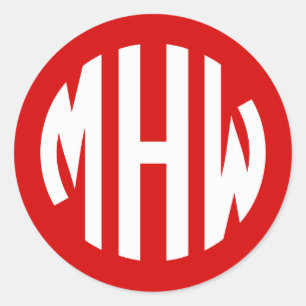 Röd Vit 3 Initialer Cirkel Monogram Teckensnitt Gö Runt Klistermärke