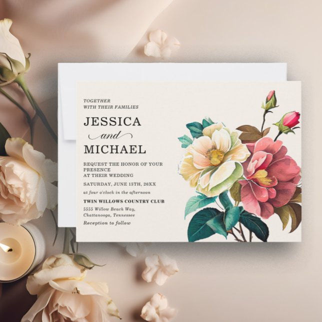 Röd vit akvarell blommande bröllop inbjudningar (Red and white watercolor floral wedding invitation)