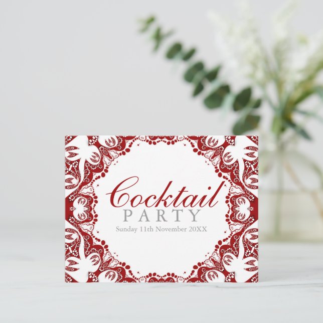 Röd Vit Batik Andlig Cocktailfest Inbjudan Vykort (Stående Fram)