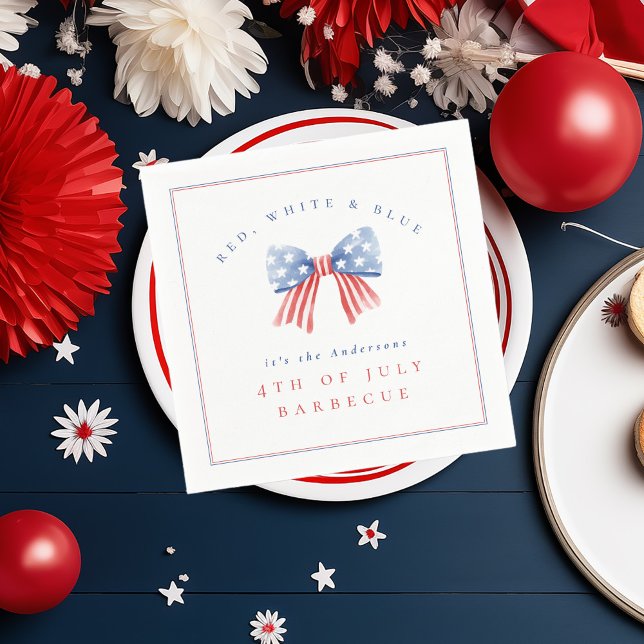 Röd Vit Blå 4:e Juli BBQ Klassisk Preppy Bow Pappersservett (4th of july napkin with preppy american flag bow illustration and minimalist design)