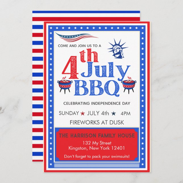 Röd Vit Blå 4:e Juli Fest BBQ Firande Inbjudningar (Fram/baksida)