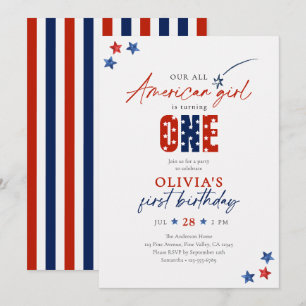 Röd Vit & Blå All American Girl 1-årsfest Inbjudningar
