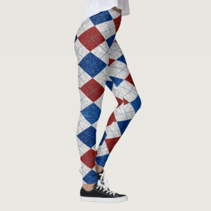 Röd, Vit, Blå Argyle 4 Juli Glitter Leggings