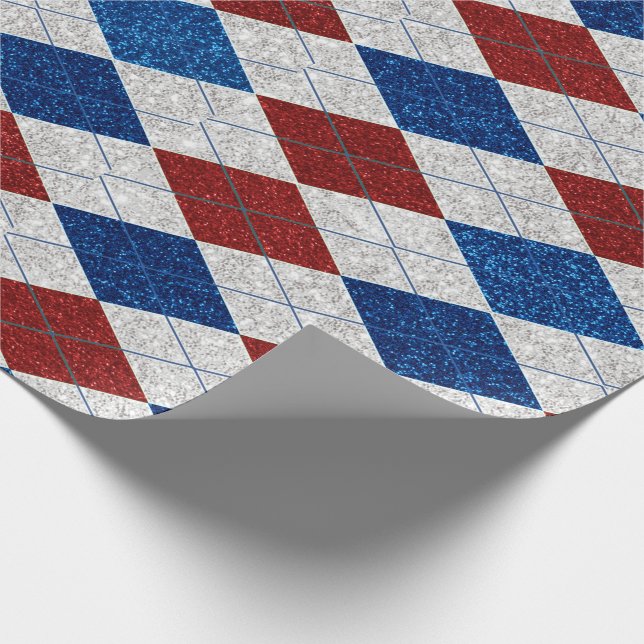 Röd, Vit, Blå Argyle 4 Juli Glitter Presentpapper (Hörn)