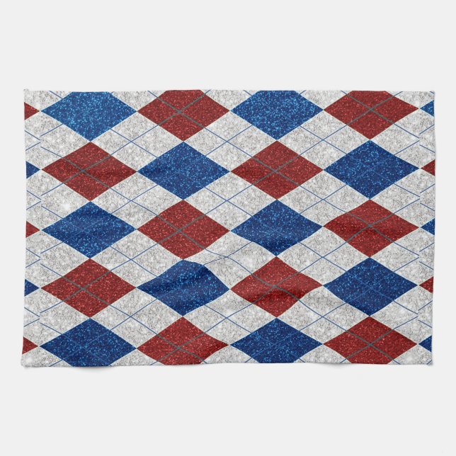 Röd, Vit, Blå Argyle Juli 4 Glitter Kökshandduk (Horisontell)