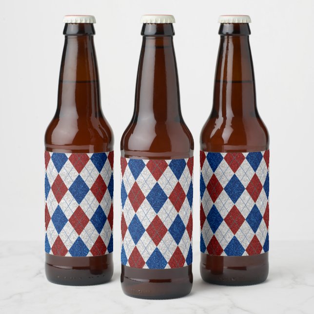 Röd, Vit, Blå Argyle Juli 4 Glitter Ölflaska Etikett (Flaskor)