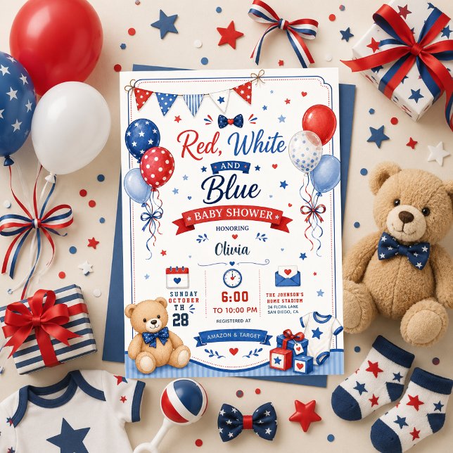 Röd Vit Blå Baby Shower Patriotisk 4:e Juli Inbjudningar (Skapare uppladdad)