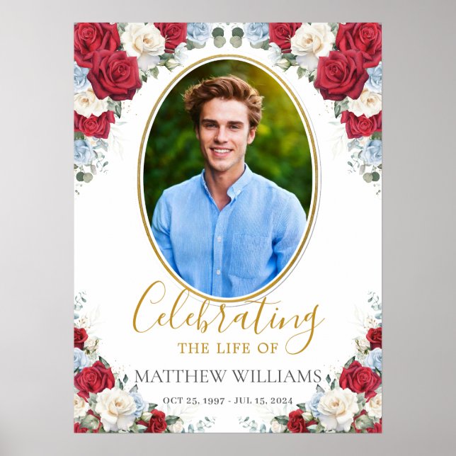 Röd Vit Blå Blommig Bild Begravning Minnesstund Poster (Framsidan)