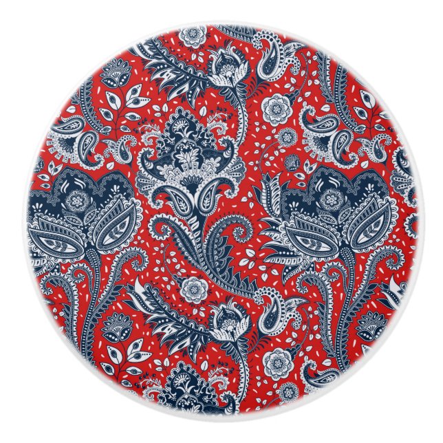 Röd Vit & Blå Blommig Paisley Boheme Boho Knopp (Framsidan)