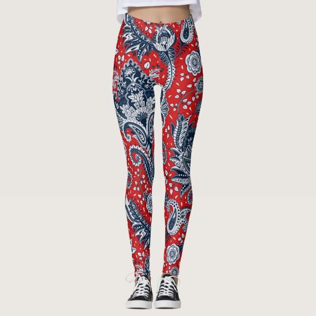 Röd Vit & Blå Blommig Paisley Boheme Boho Leggings (Framsida)