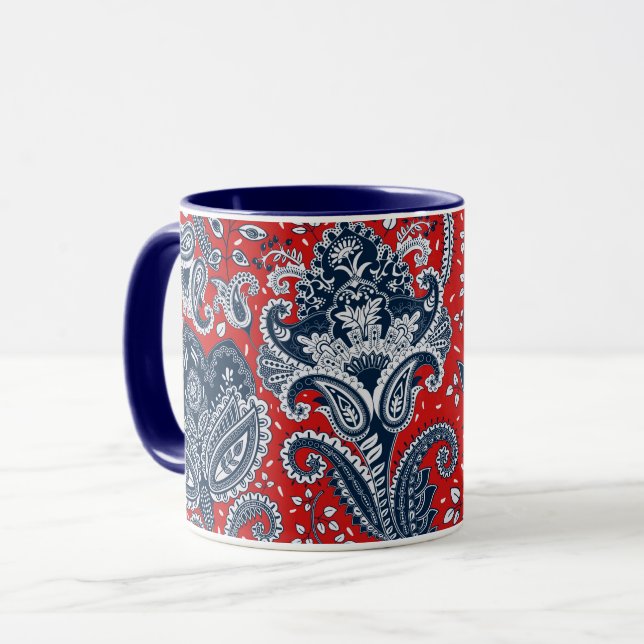 Röd Vit & Blå Blommig Paisley Boheme Boho Mugg (Framsida vänster)