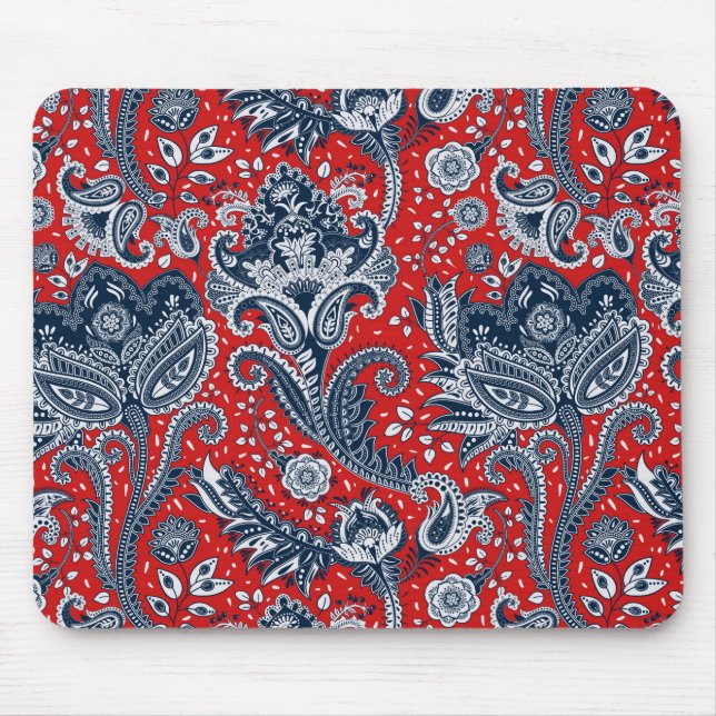 Röd Vit & Blå Blommig Paisley Boheme Boho Musmatta (Framsidan)