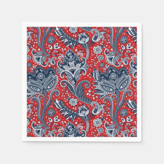 Röd Vit & Blå Blommig Paisley Boheme Boho Pappersservett (Framsidan)
