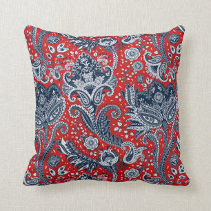 Röd Vit & Blå Blommig Paisley Bohemisk Boho Kudde