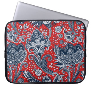Röd Vit & Blå Blommig Paisley Bohemisk Boho Laptop Fodral
