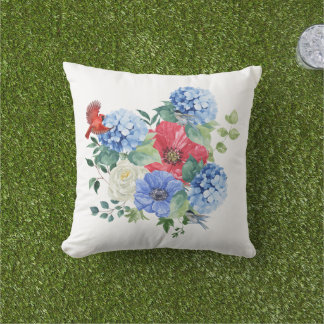 Röd/Vit/Blå Blomsterbukett med Fåglar Kudde