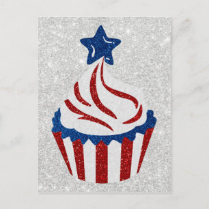 Röd, Vit & Blå Cupcake 4:e Juli Glitter Vykort