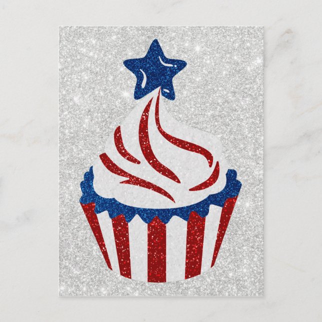 Röd, Vit & Blå Cupcake 4:e Juli Glitter Vykort (Framsida)