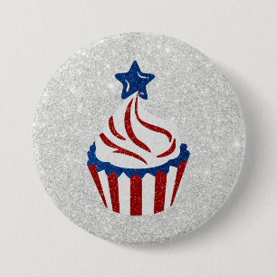 Röd, Vit & Blå Cupcake 4 Juli Glitter Knapp