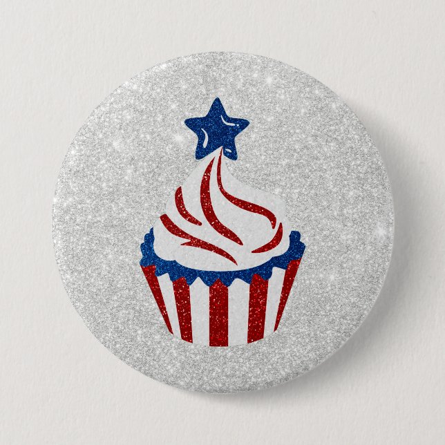 Röd, Vit & Blå Cupcake 4 Juli Glitter Knapp (Framsida)