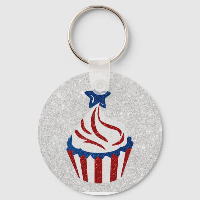 Röd, Vit & Blå Cupcake 4 Juli Glitter Nyckelring (Framsida)