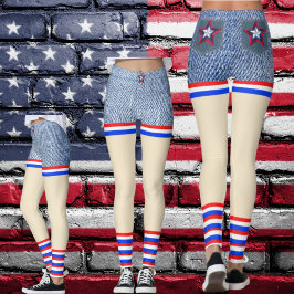 Röd, vit, blå Denim Patriotic Lor som kort Leggings