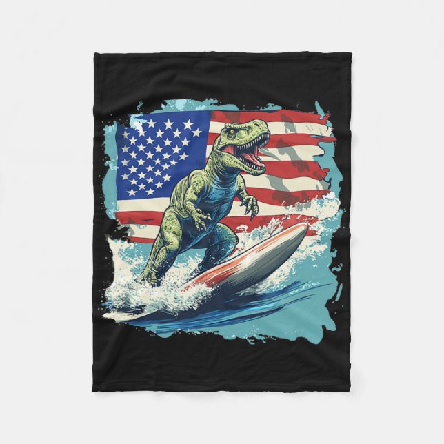 Röd Vit Blå Dinosaurie Surfing För Patriotiska Jur Fleecefilt (Framsidan)