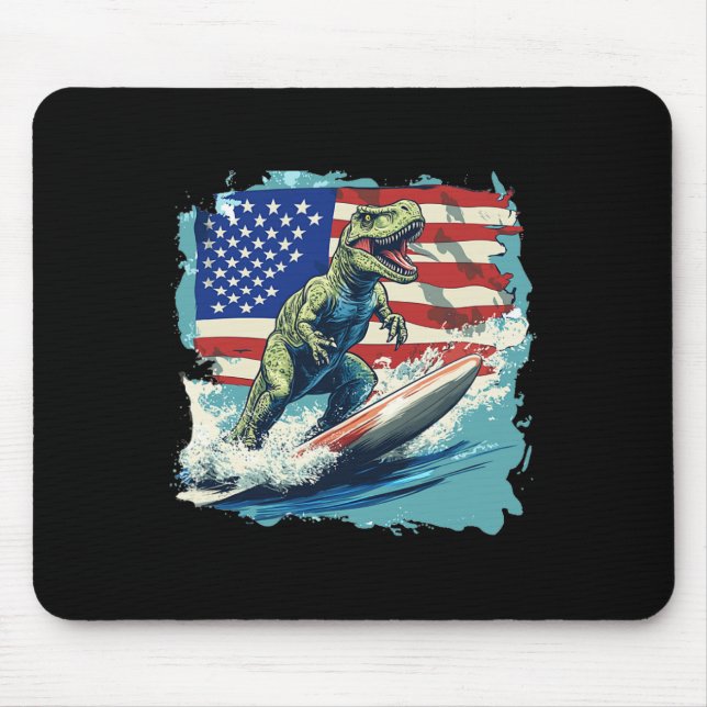 Röd Vit Blå Dinosaurie Surfing För Patriotiska Jur Musmatta (Framsidan)
