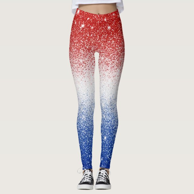 Röd Vit Blå Glitter Gradient Patriotisk Dag Leggings (Framsida)
