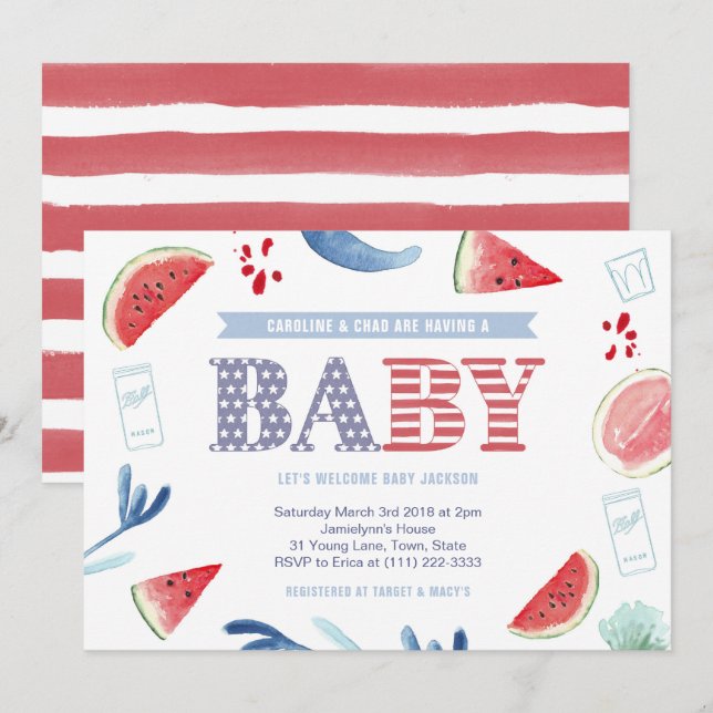 Röd Vit Blå Grillfest Par Babyshower Inbjudningar (Fram/baksida)